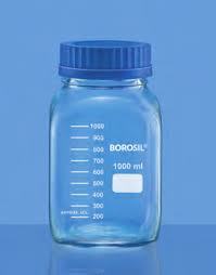 Borosil Bottle Reagent, Sqaure with DIN Thread, Graduated, with PP Screw Cap (GL 80) and PP Pouring ring (1506)