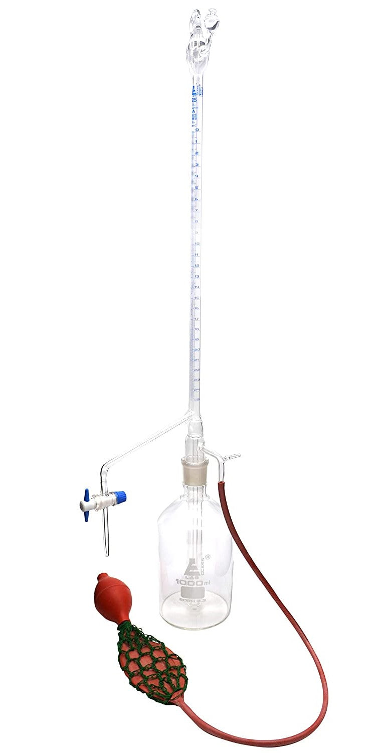 Borosil Burette, Class B, With Reservoir, Rubber Bellow, PTFE Stopcock and Automatic Zero (2154)