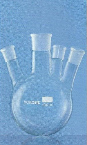 Borosil Flask With Round Bottom with Four Necks, Centre Neck and Three Angled Side Necks (4385)