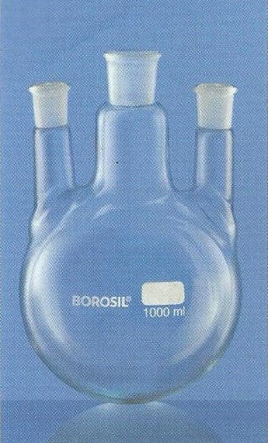 Borosil Round Bottom Flask with Four Necks, Centre Neck and Three Parallel Side Neck (4386)