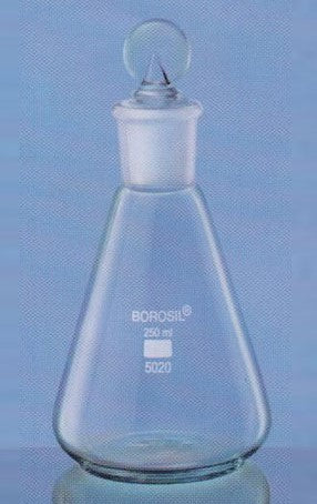 Borosil Erlenmeyer Conical Flask with Narrow Mouth and Interchangeable Stopper (5020)