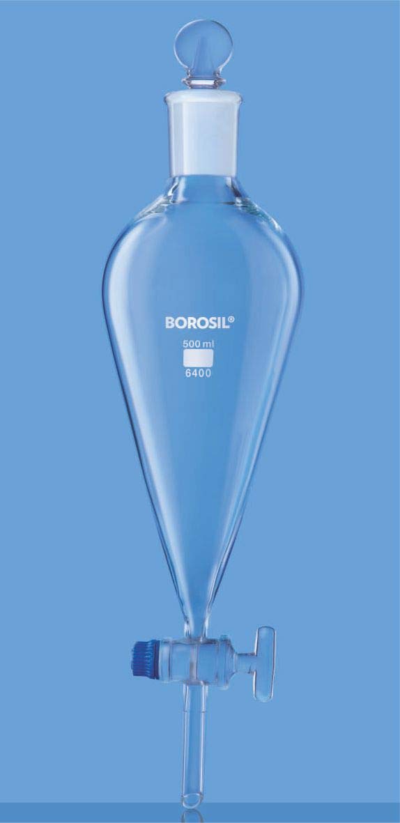 Borosil Separating, Pear Shape, with glass Stopcock and interchangeable Stopper Funnel (6400)